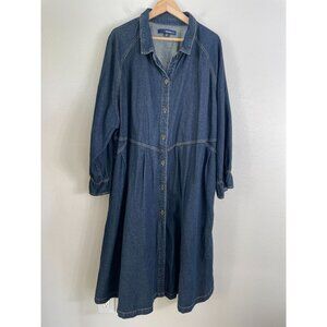 Denim 24/7 Womens Plus 28W Blue Denim Button Up Midi Dress Long Sleeve